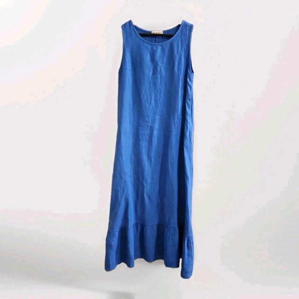 Terzo Millennio Italy 100% Linen Maxi Dress Small S Sleeveless Royal Blue Ruffle